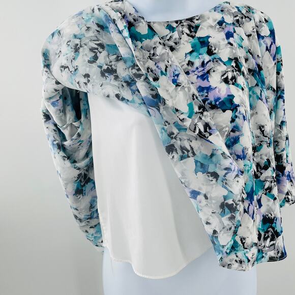 Sam Edelman Blue White Chiffon 3/4 Sleeve Oversized Slinky Swing Blouse Top XS - Picture 6 of 13